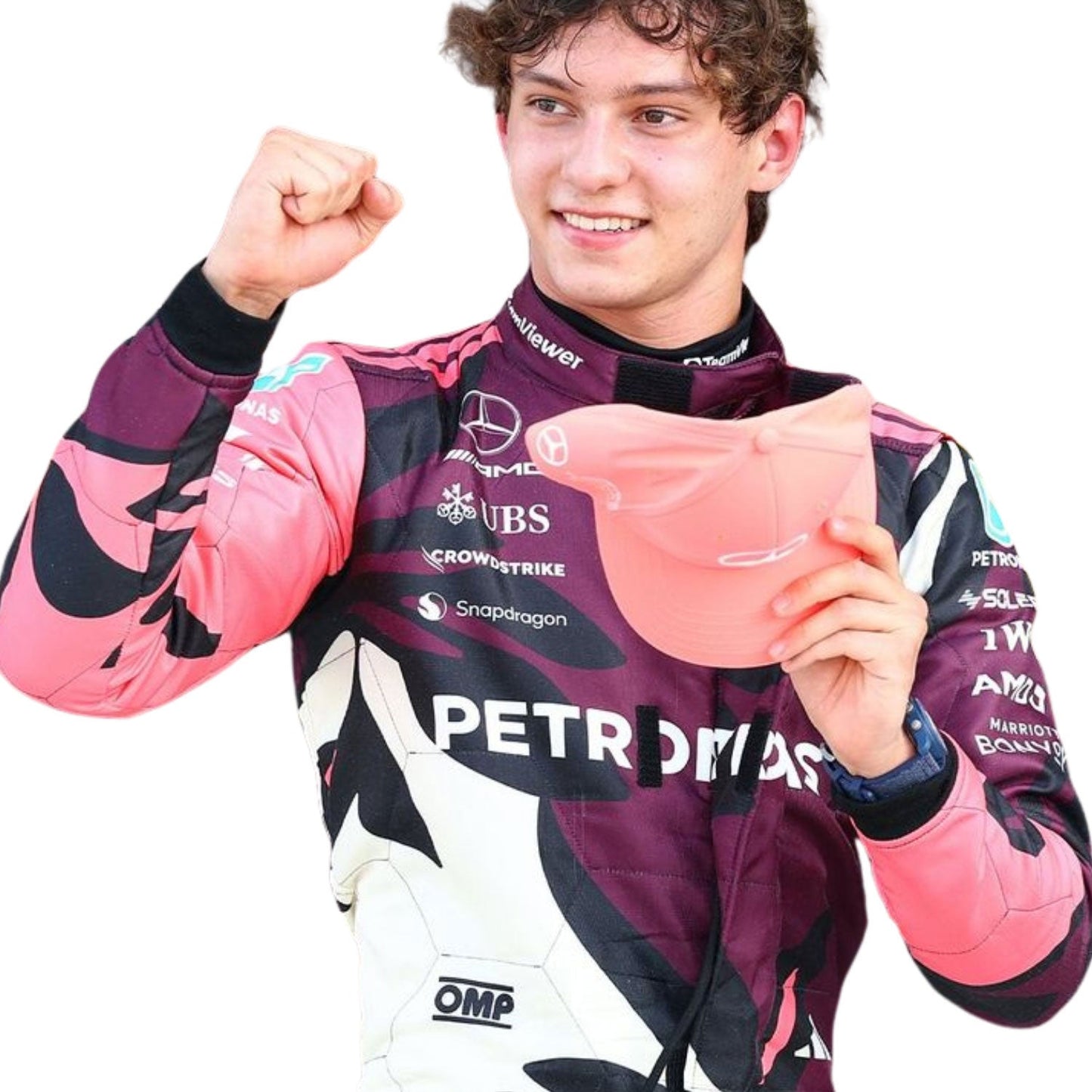 Andrea Kimi Antonelli, wearing a 2025 Miami GP Tropical Style colorful racing suit, holding a pink cap with visible branding - Kartx Gear