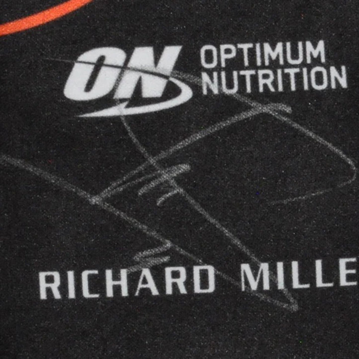 Optimum Nutrition logo on a black 2025 Lando Norris Team F1 McLaren racing gloves background with 'Richard Mille' text - Kartx Gear