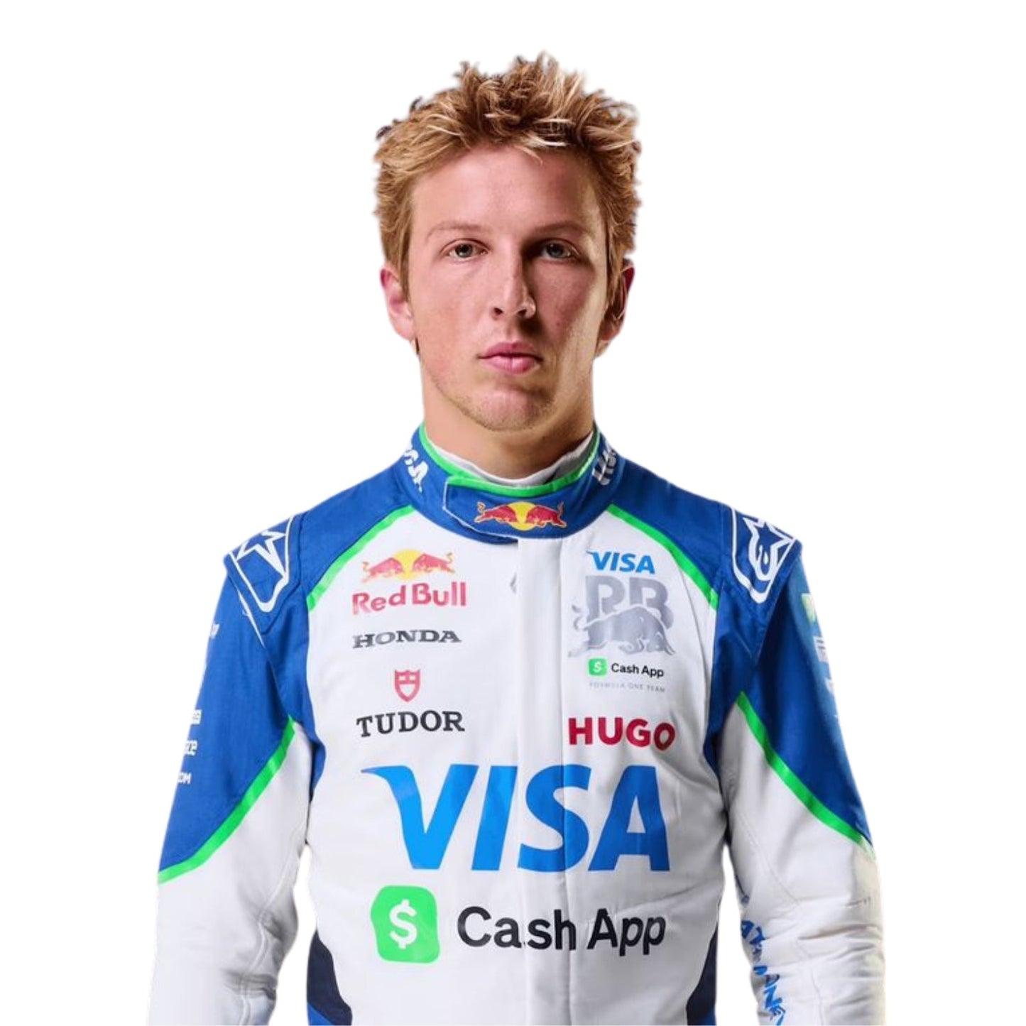 Liam Lawson wearing a VCARB 2025, a blue and white F1 racing suit with various sponsor logos - Kartx Gear