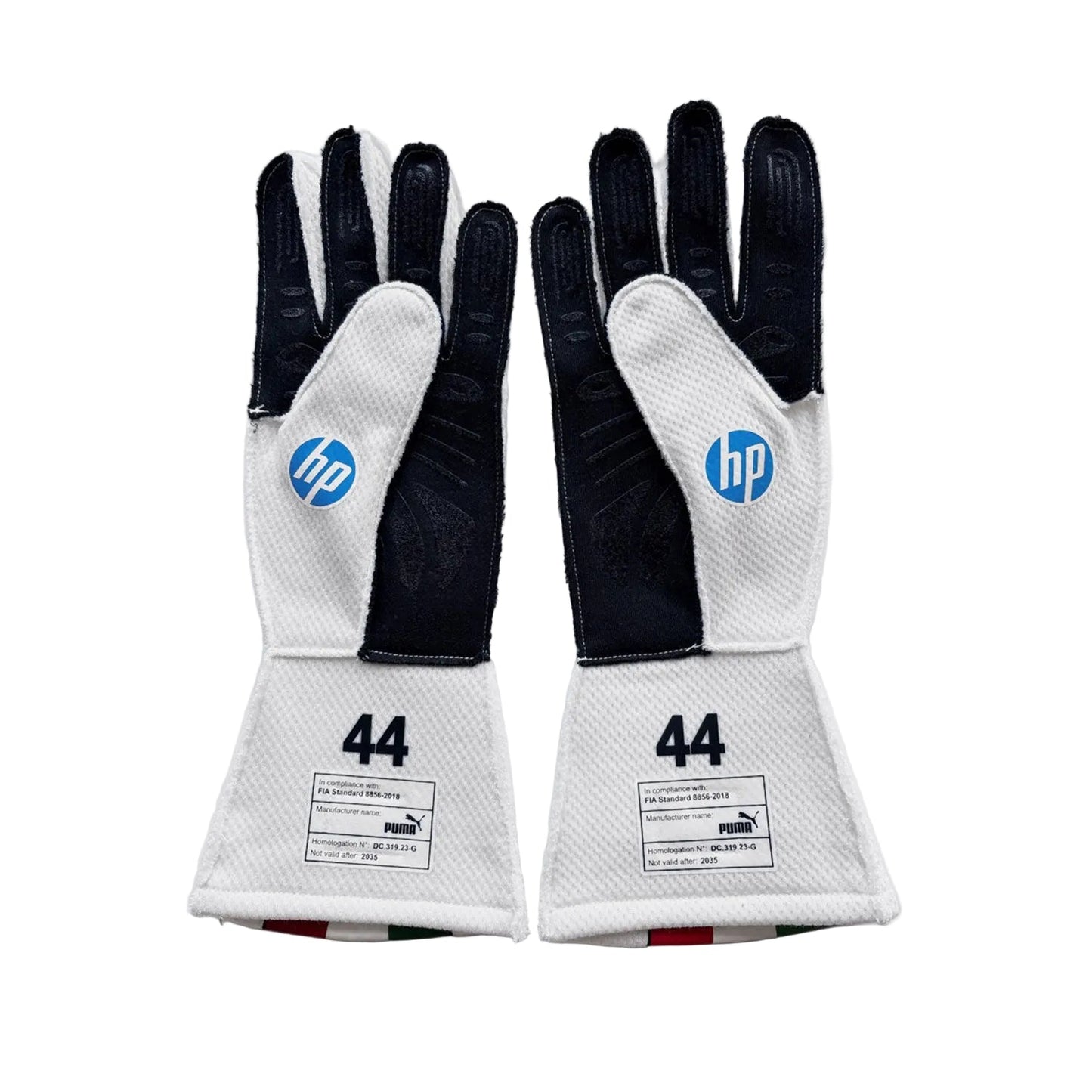 Pair of black and white 2025 Lewis Hamilton Monza GP Team F1 Ferrari Racing gloves with HP logo and number 44 - Kartx Gear