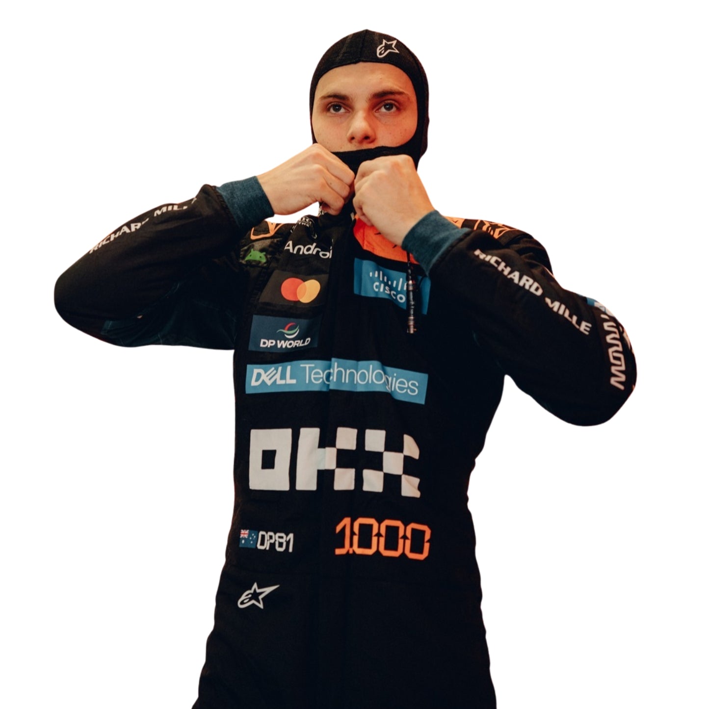 Close Up View of Oscar Piastri wearing a black 1000th Monaco GP 2026 McLaren F1 racing suit with various logos - Kartx Gear
