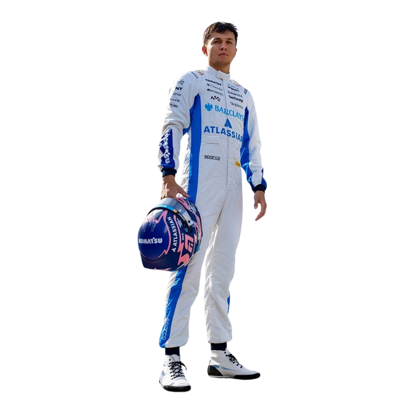 Alexander Albon, wearing a Williams 2026 white F1 racing suit with blue accents, holding a helmet - Kartx Gear