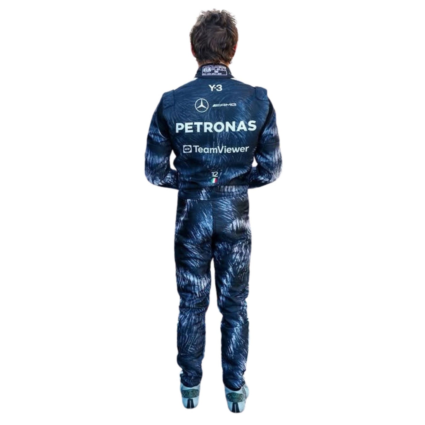 Andrea Kimi Antonelli wearing a black Japanese GP 2026 Mercedes F1 racing suit with various sponsor logos - Kartx Gear