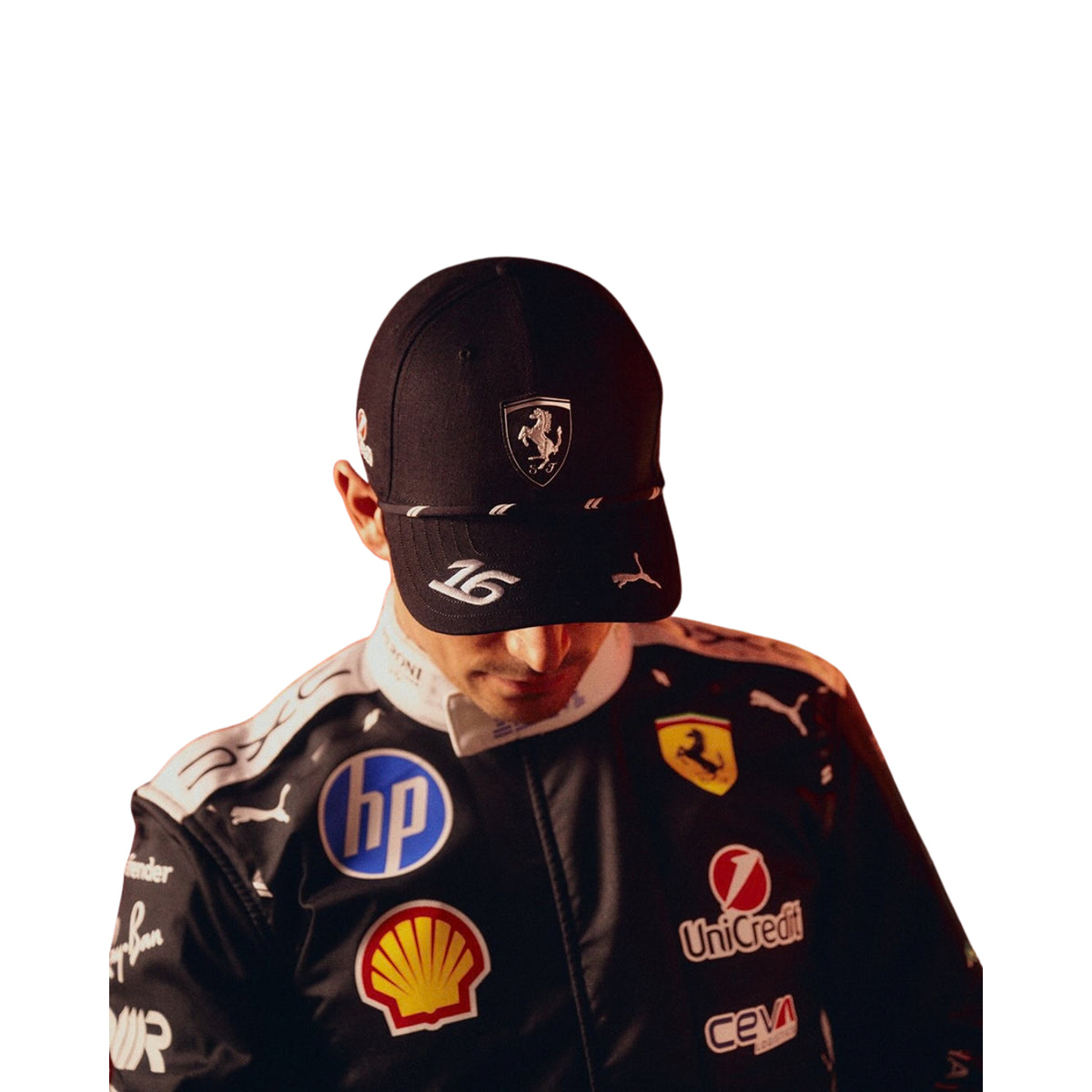 A Charles Leclerc wearing a Black Ferrari racing suit with sponsor logos, posed against a solid white background.