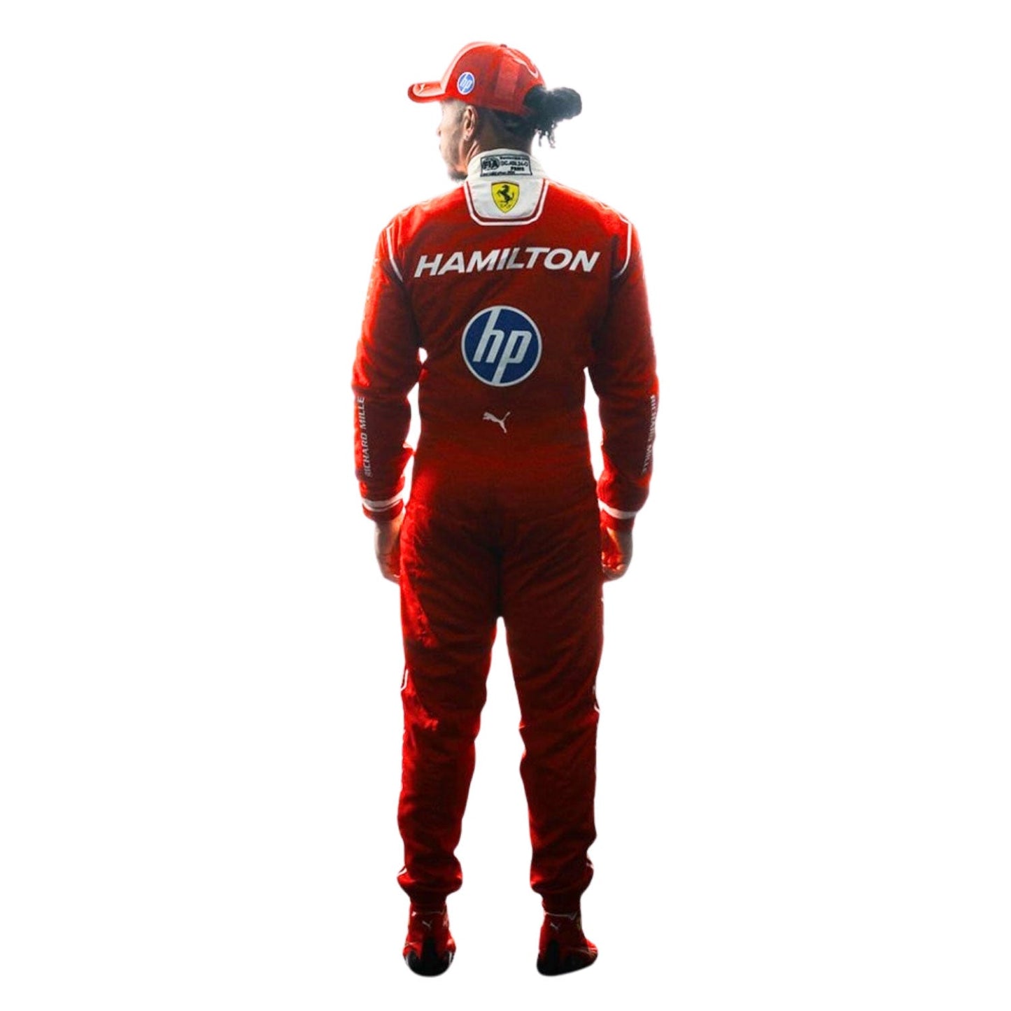 Lewis Hamilton wearing a red Ferrari F1 2026 racing suit with 'Hamilton' and 'hp' logos - Kartx Gear