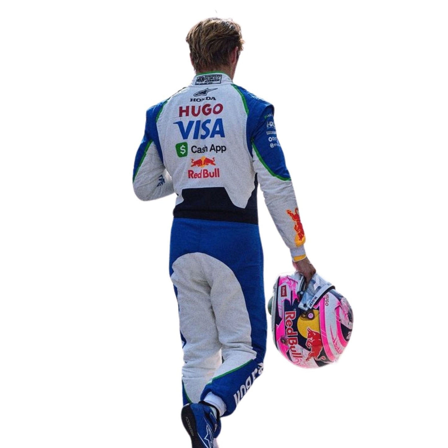 Liam Lawson, racing driver in a blue and white 2026 VCARB F1 suit holding a helmet with visible branding - Kartx Gear
