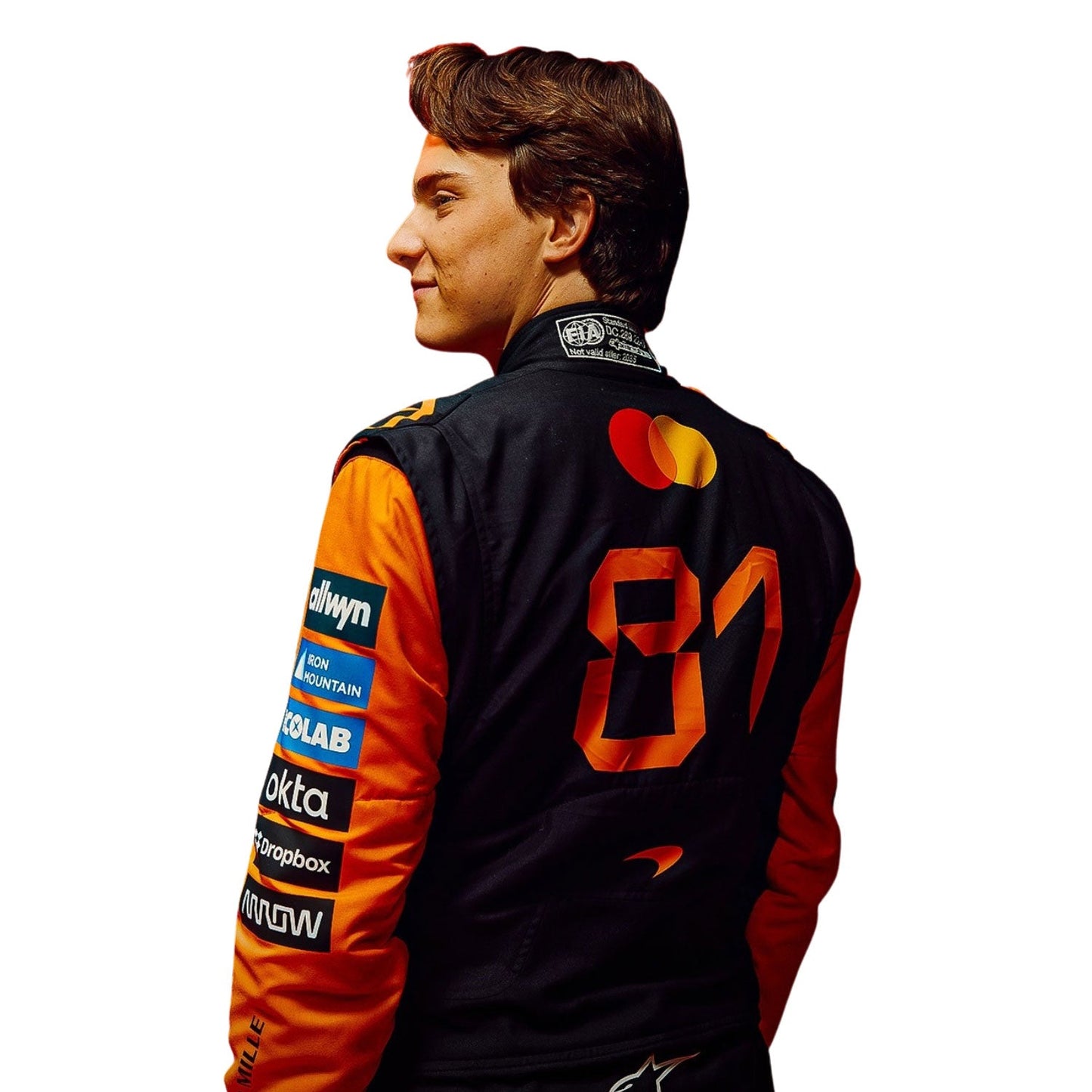 Oscar Piastri wearing a 2026 McLaren F1 racing suit with various logos - Kartx Gear