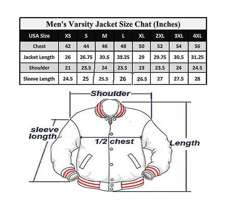 A size chart and measurement diagram for a men's varsity jacket. The top table lists jacket size chat in inches across chest, jacket length, shoulder, and sleeve length for sizes XS through 4XL.