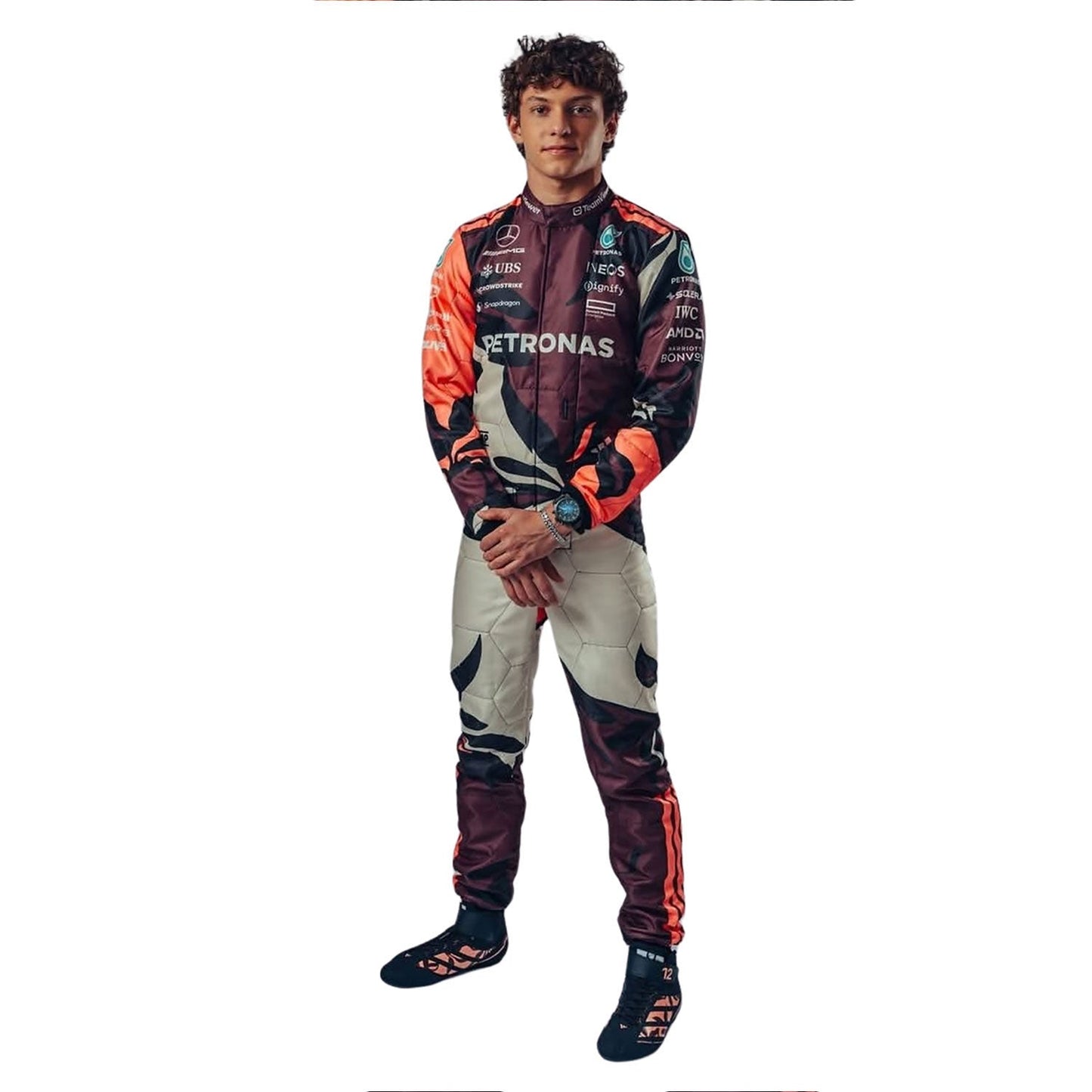 Andrea Kimi Antonelli, wearing a 2025 Miami GP Tropical Style colorful racing suit with visible branding - Kartx Gear