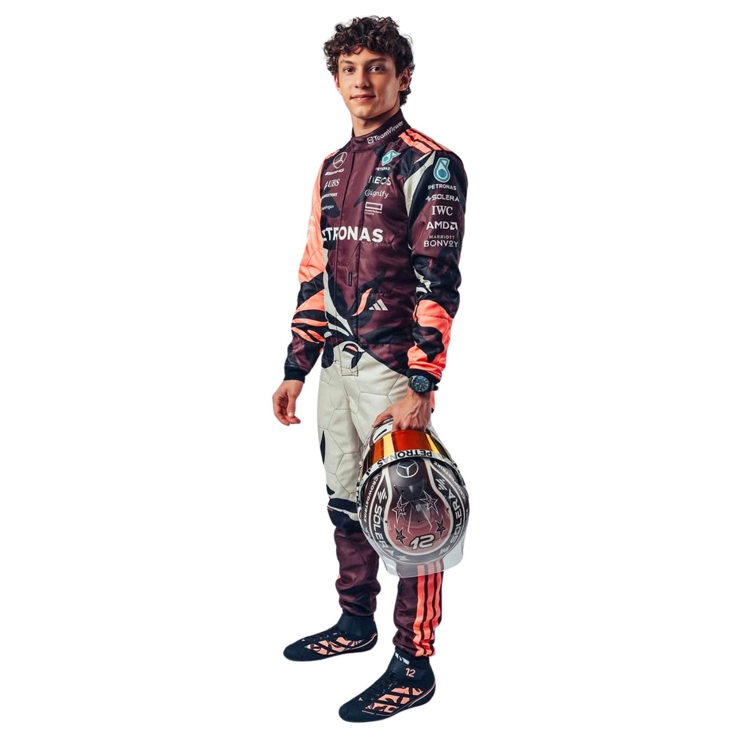 Andrea Kimi Antonelli, wearing a 2025 Miami GP Tropical Style colorful racing suit, holding a helmet - Kartx Gear 