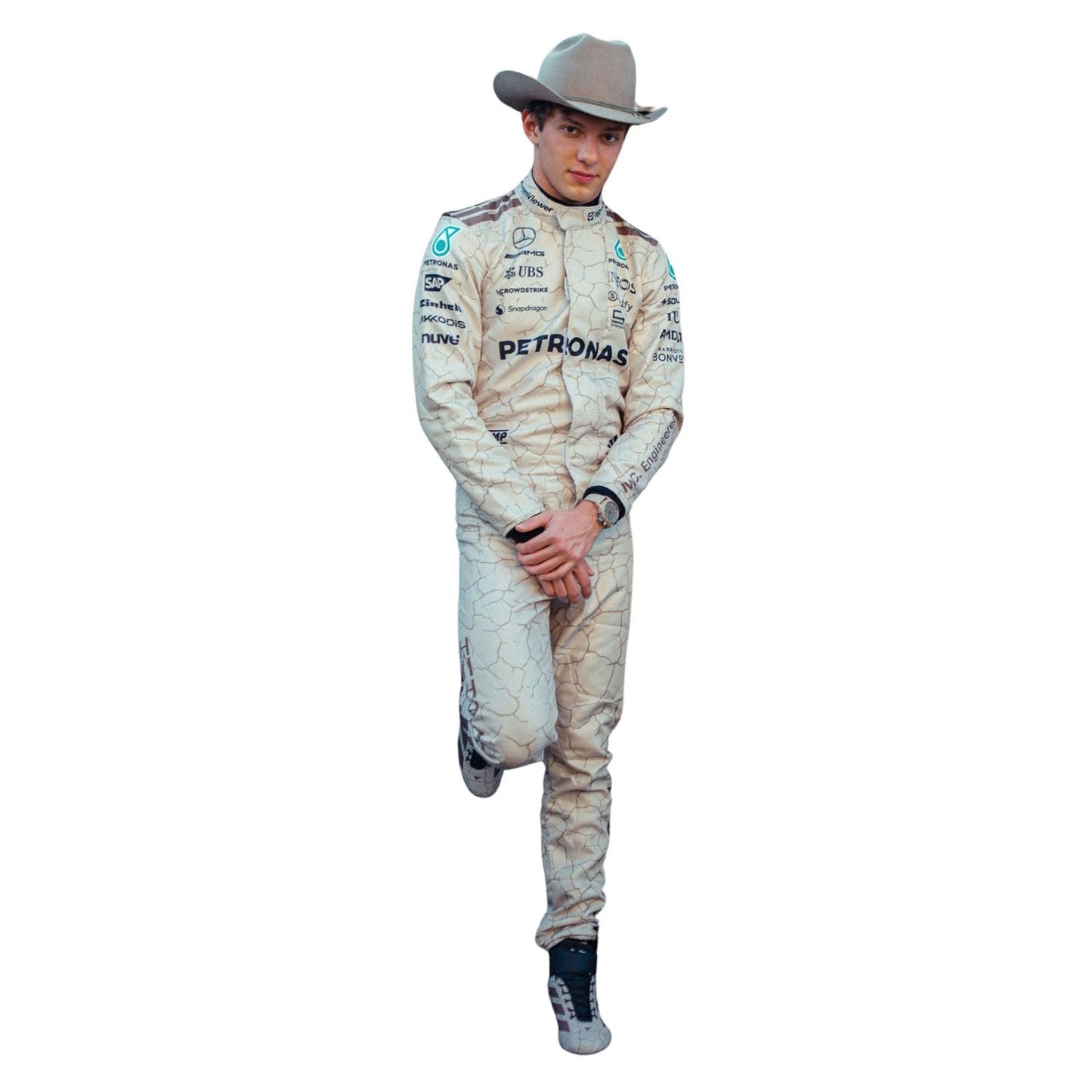 Andrea Kimi Antonelli wearing a 2025 Formula 1 Mercedes USA Austin GP Mojave Desert inspired design racing suit with Petronas branding - Kartx Gear