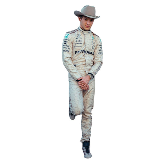Andrea Kimi Antonelli wearing a 2025 Formula 1 Mercedes USA Austin GP Mojave Desert inspired design racing suit with Petronas branding - Kartx Gear