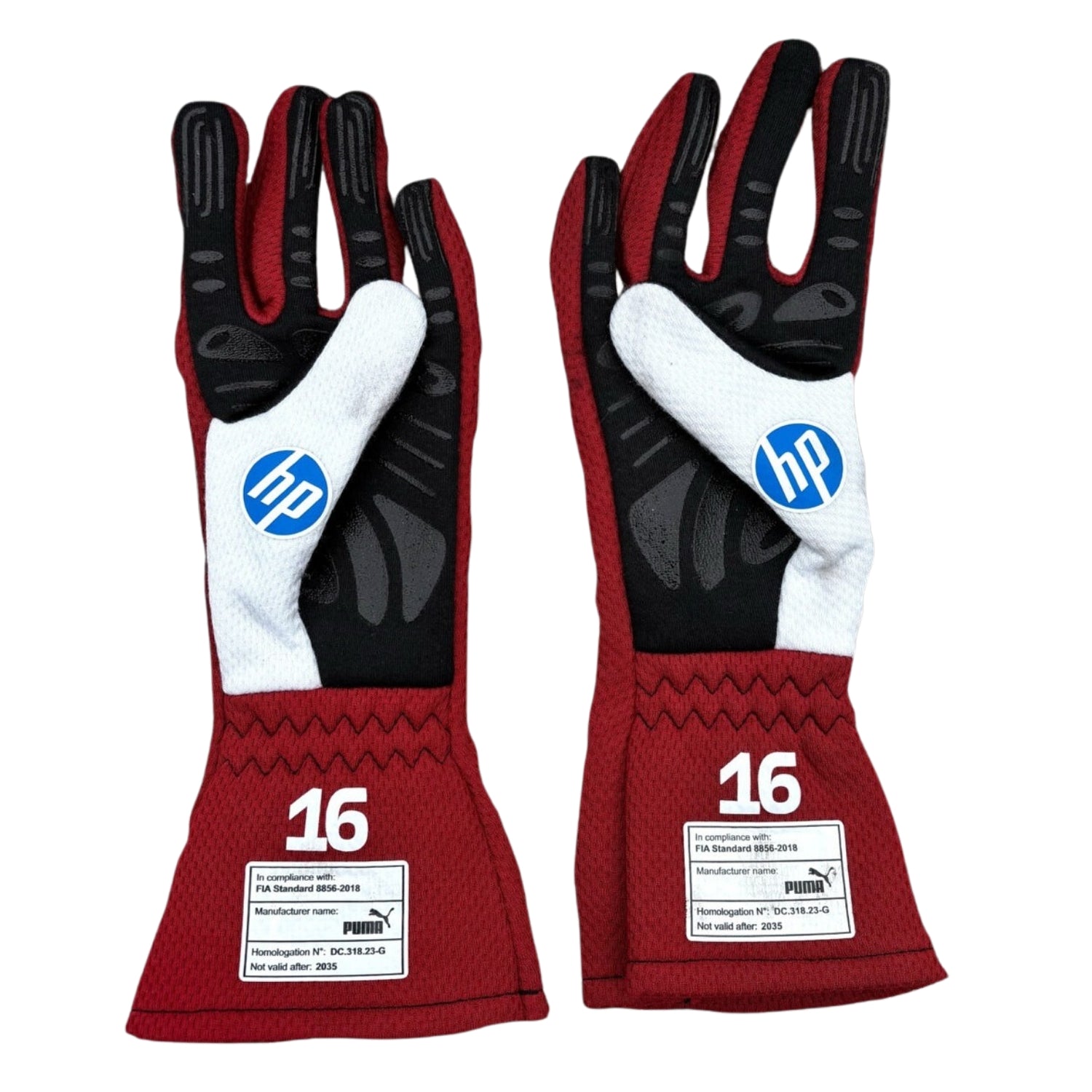Pair of red, black, and white 2025 Charles Leclerc Team F1 Ferrari racing gloves with HP logo - Kartx Gear