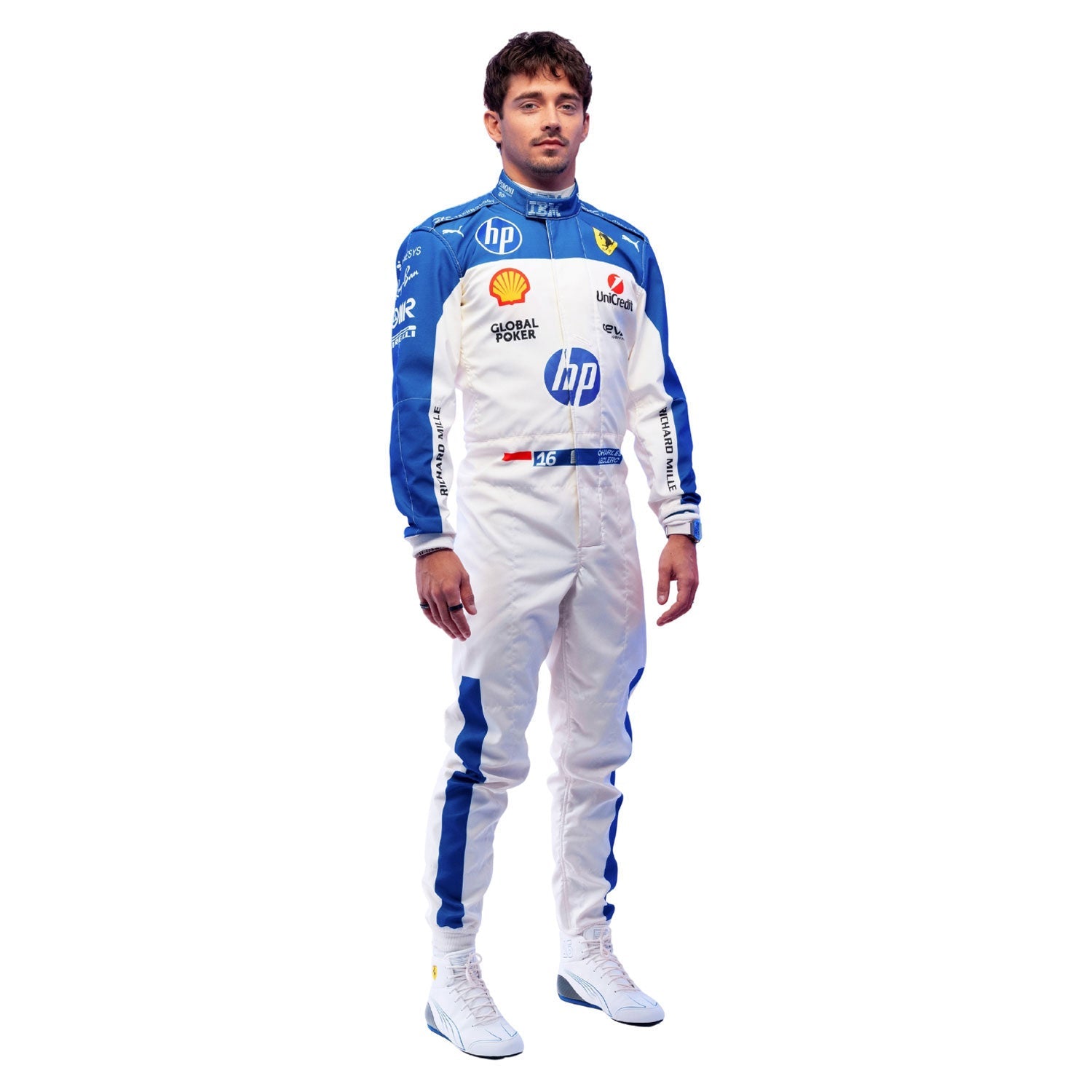 Charles Leclerc wearing a white and blue Ferrari 2025 Miami GP F1 racing suit with various sponsor logos - Kartx Gear