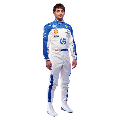 Charles Leclerc wearing a white and blue Ferrari 2025 Miami GP F1 racing suit with various sponsor logos - Kartx Gear