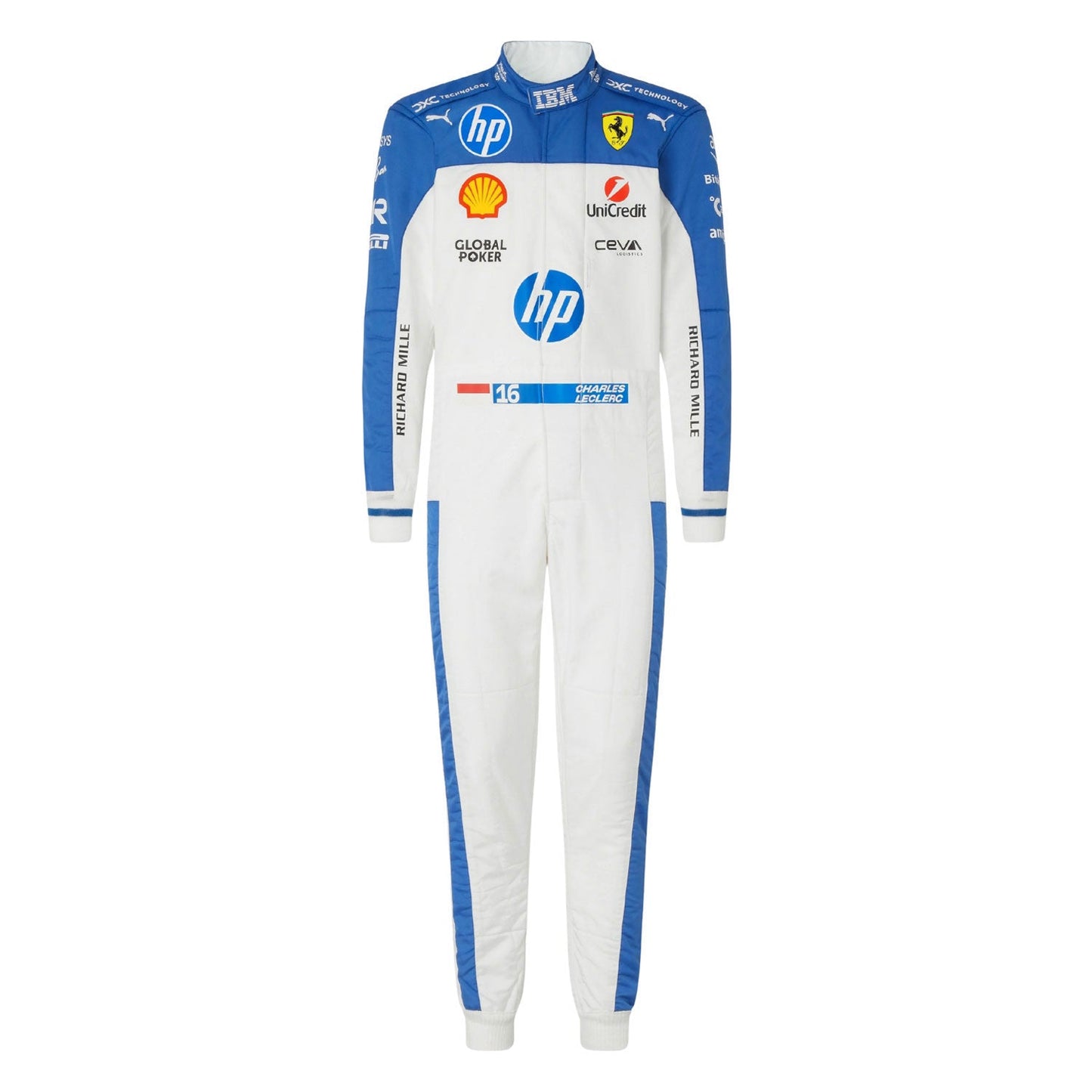 Charles Leclerc's Ferrari 2025 Miami GP F1 white racing suit with blue accents and various sponsor logos - Kartx Gear
