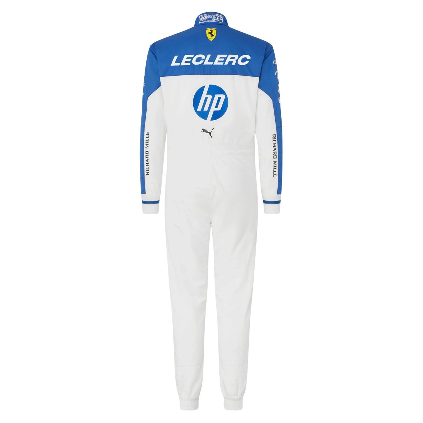 Charles Leclerc's white and blue Ferrari 2025 Miami GP F1 racing suit with branding - Kartx Gear