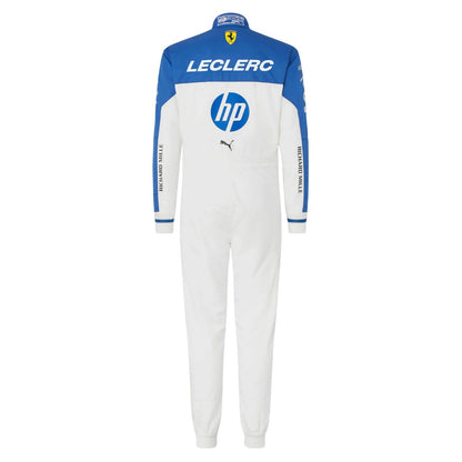 Charles Leclerc's white and blue Ferrari 2025 Miami GP F1 racing suit with branding - Kartx Gear
