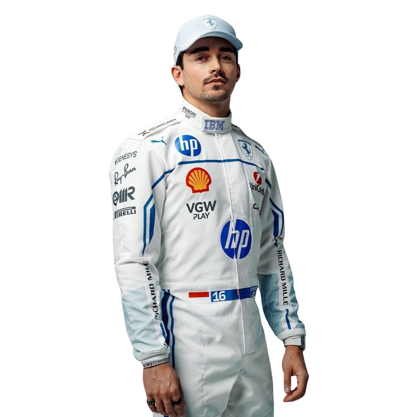 Charles Leclerc wearing a white 2025 Ferrari Monaco GP F1 racing suit with various sponsor logos - Kartx Gear