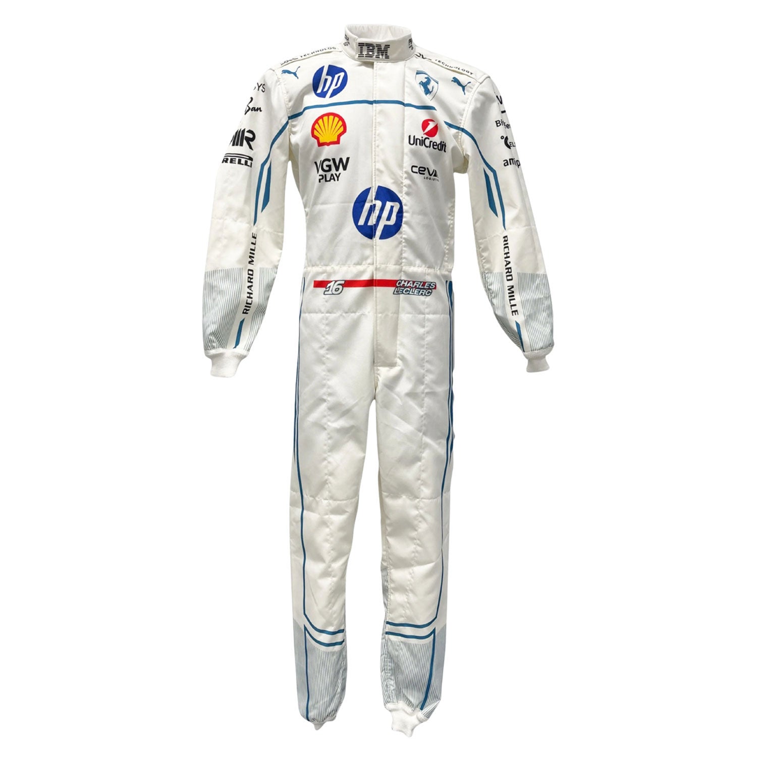 White Charles Leclerc white 2025 Ferrari Monaco GP F1 racing suit with multiple brand logos - Kartx Gear