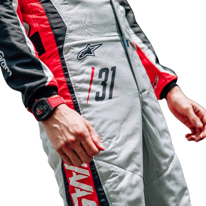 Close-up of an Esteban Ocon wearing a 2025 Haas F1 200th Race Look Canadian GP racing suit with visible branding - Kartx Gear