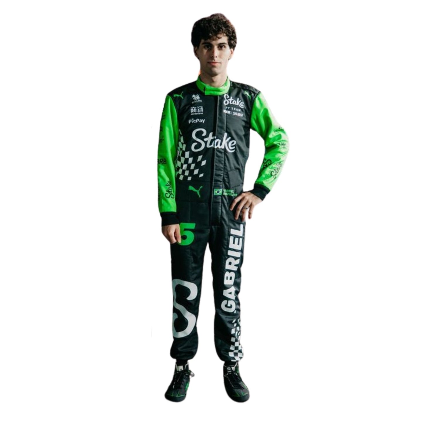 Gabriel Bortoleto wearing a green and black 2025 Kick Sauber Las Vegas GP F1 racing suit with various logos - Kartx Gear