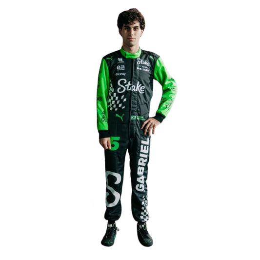 Gabriel Bortoleto wearing a green and black 2025 Kick Sauber Las Vegas GP F1 racing suit with various logos - Kartx Gear