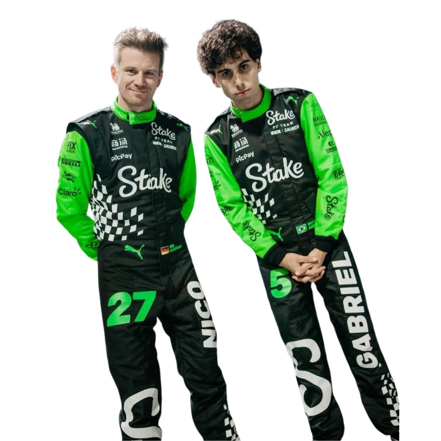 Two individuals, Gabriel Bortoleto and Nico Hulkenberg, wearing green and black 2025 Las Vegas GP Team Kick Sauber racing suits with visible branding - Kartx Gear