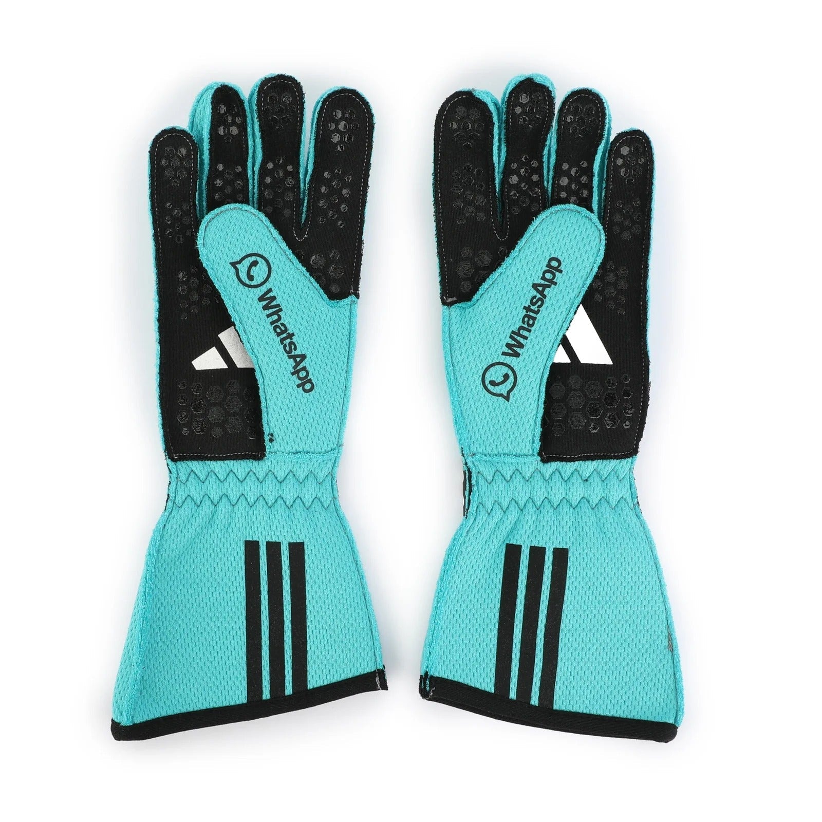 Pair of teal 2025 George Russell Team F1 Mercedes racing gloves with black accents featuring WhatsApp and Adidas logos - Kartx Gear