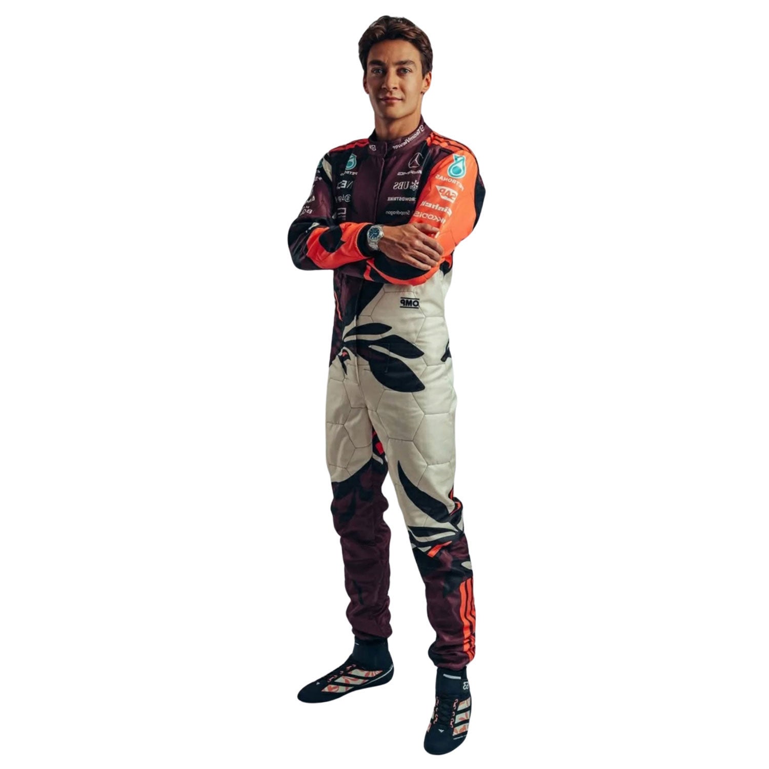 George Russell wearing a colorful 2025 Miami GP Tropical Inspired design racing suit - Kartx Gear