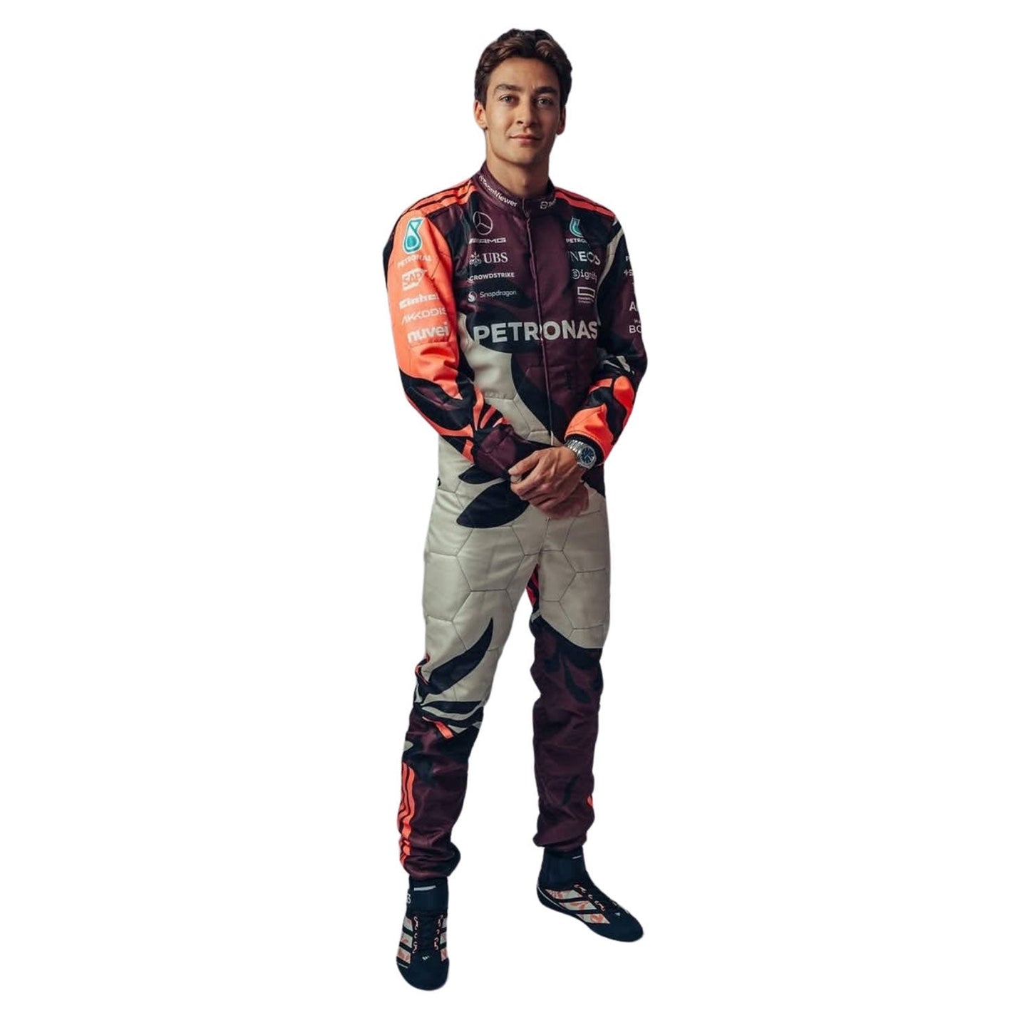 George Russell, wearing a colorful 2025 Miami GP Tropical Inspired design Mercedes F1 racing suit with 'Petronas' branding - Kartx Gear