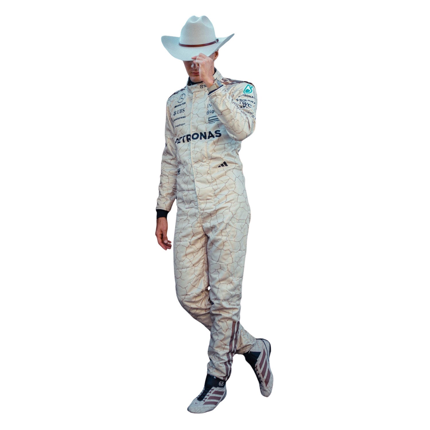 George Russell wearing a 2025 Formula 1 Mercedes USA Austin GP Mojave Desert inspired design racing suit with 'Mercedes-Benz' and 'Doptronas' branding - Kartx Gear