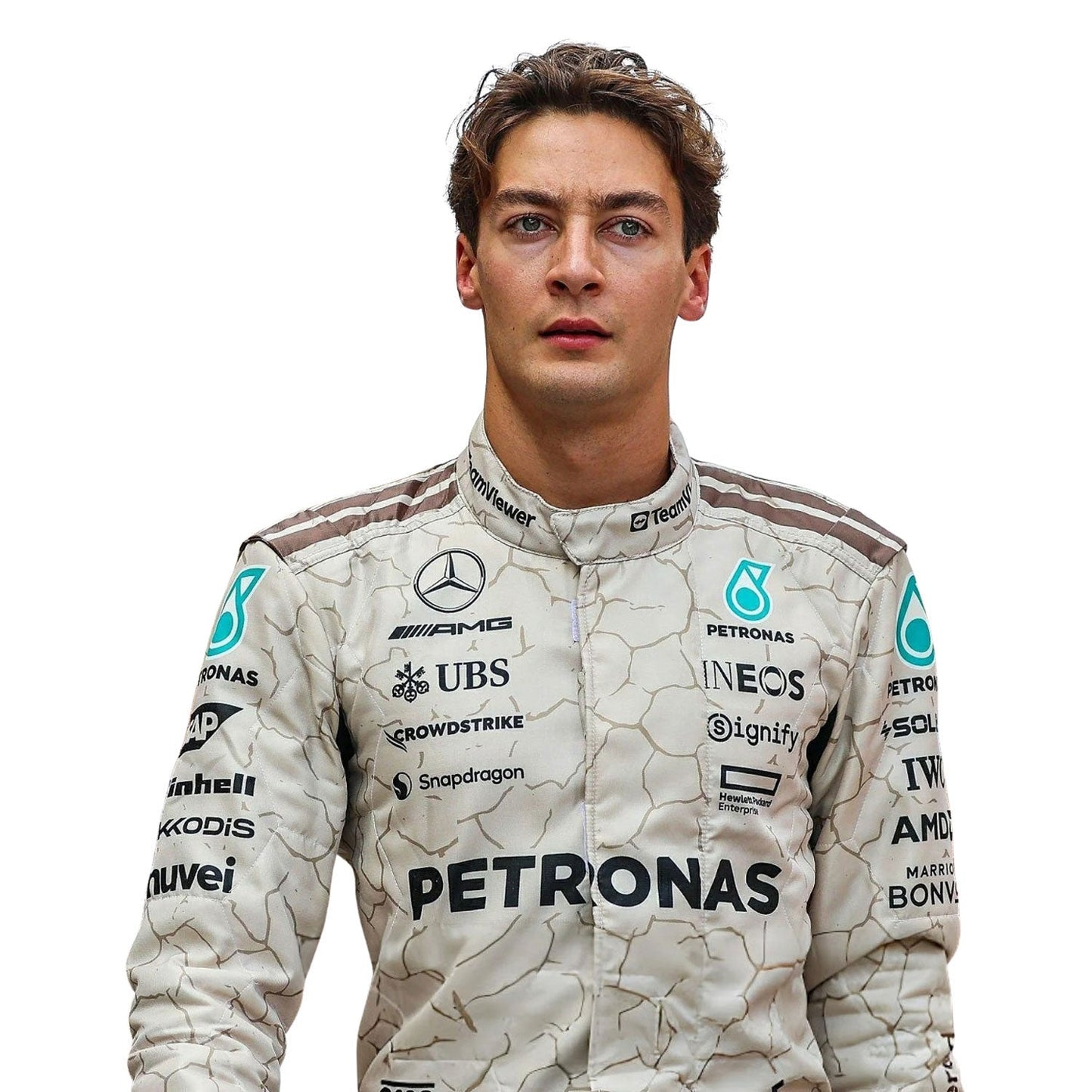 George Russell wearing a 2025 Formula 1 Mercedes USA Austin GP Mojave Desert inspired design racing suit with various sponsor logos - Kartx Gear
