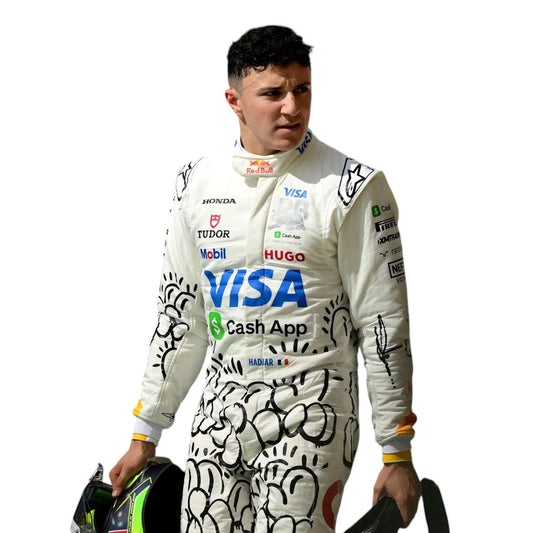 Isack Hadjar wearing a 2025 VCARB British GP F1 racing suit with various sponsor logos - Kartx Gear 