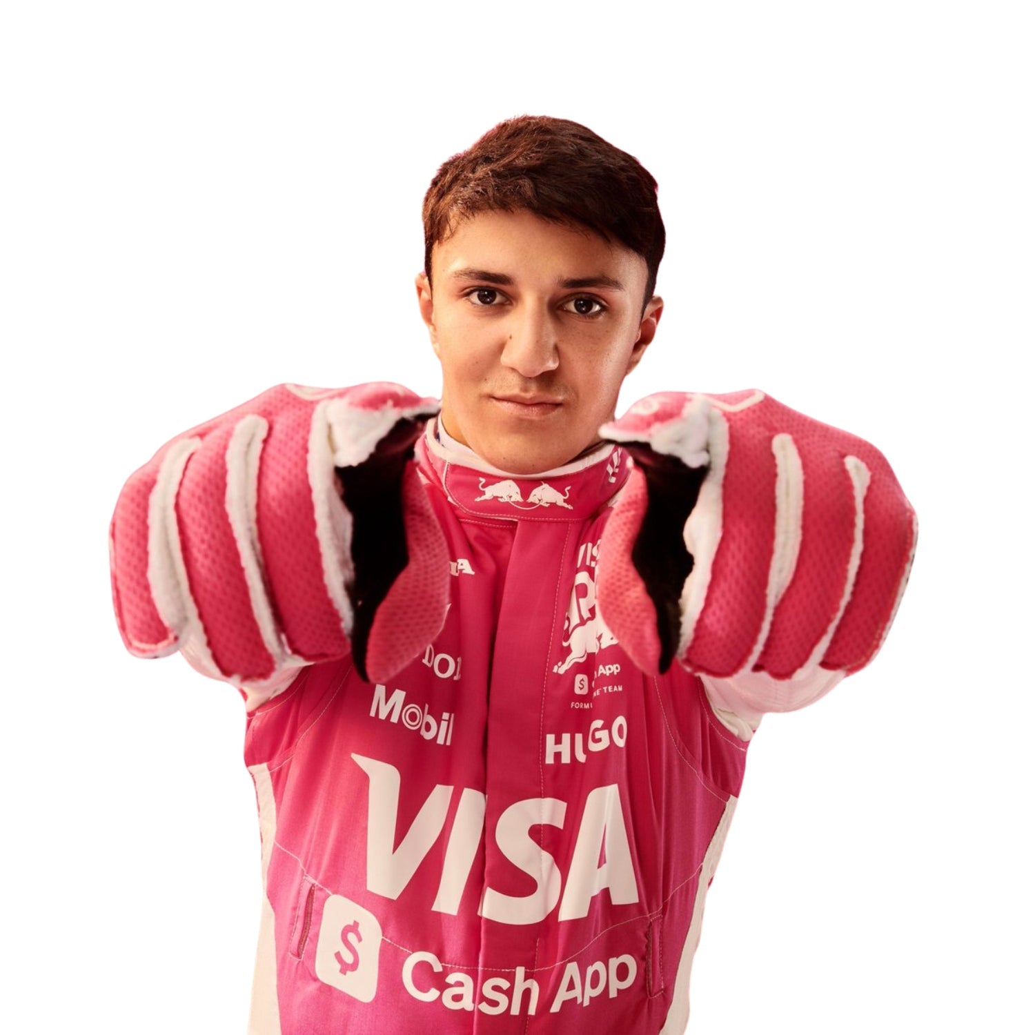 Isack Hadjar wearing a pink 2025 Miami GP VCARB F1 racing suit with various brand logos - Kartx Gear