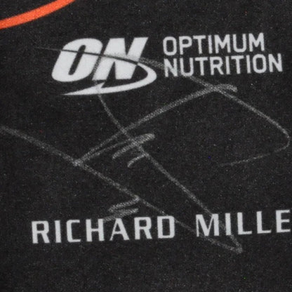 Optimum Nutrition logo on a black 2025 Lando Norris Team F1 McLaren racing gloves background with 'Richard Mille' text - Kartx Gear