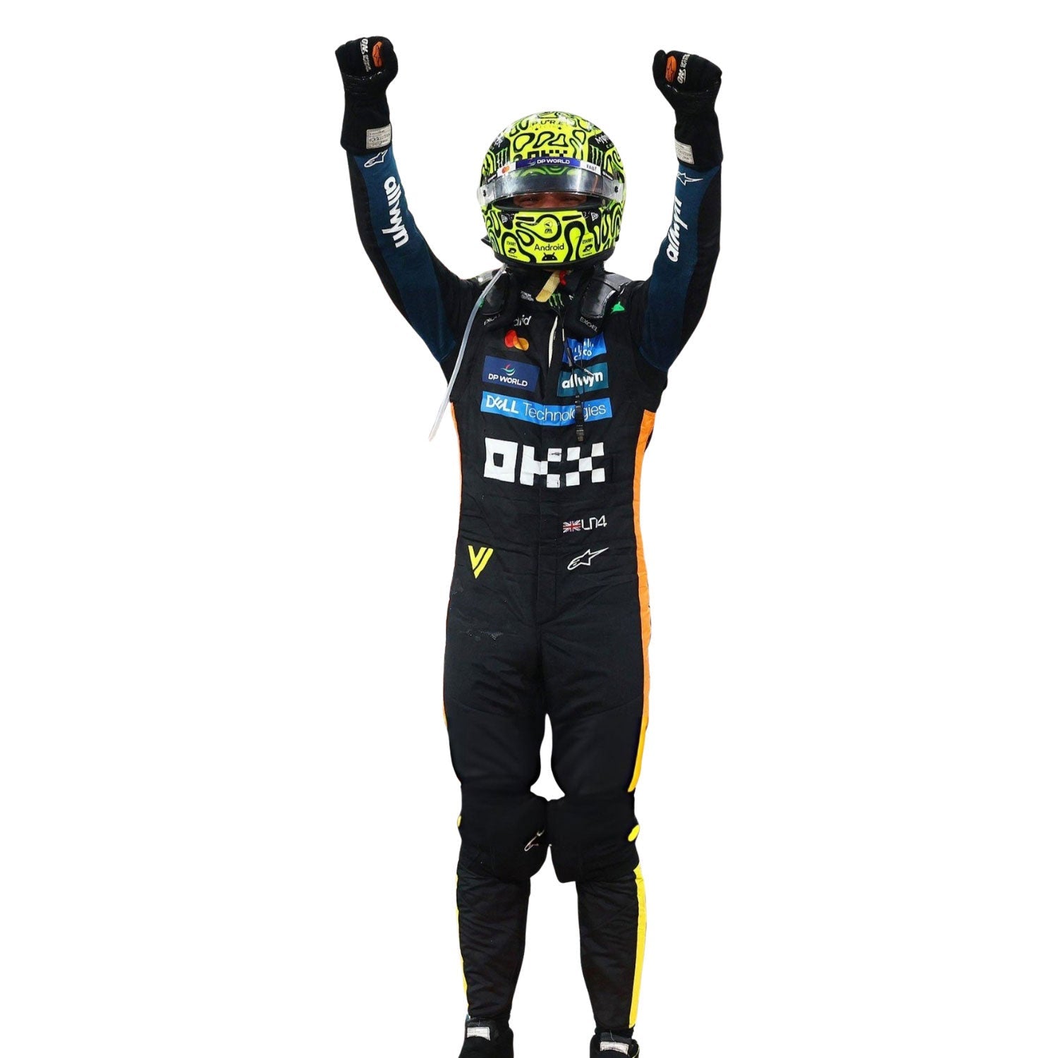 Lando Norris, Team F1 McLaren, Abu Dhabi GP, in a 2025 F1 racing suit and helmet with raised arms - Kartx Gear