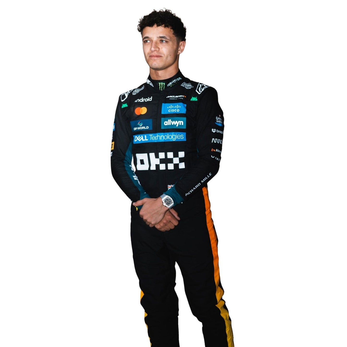 Lando Norris, Team F1 McLaren, Abu Dhabi GP, wearing a 2025 F1 racing suit with various sponsor logos - Kartx Gear