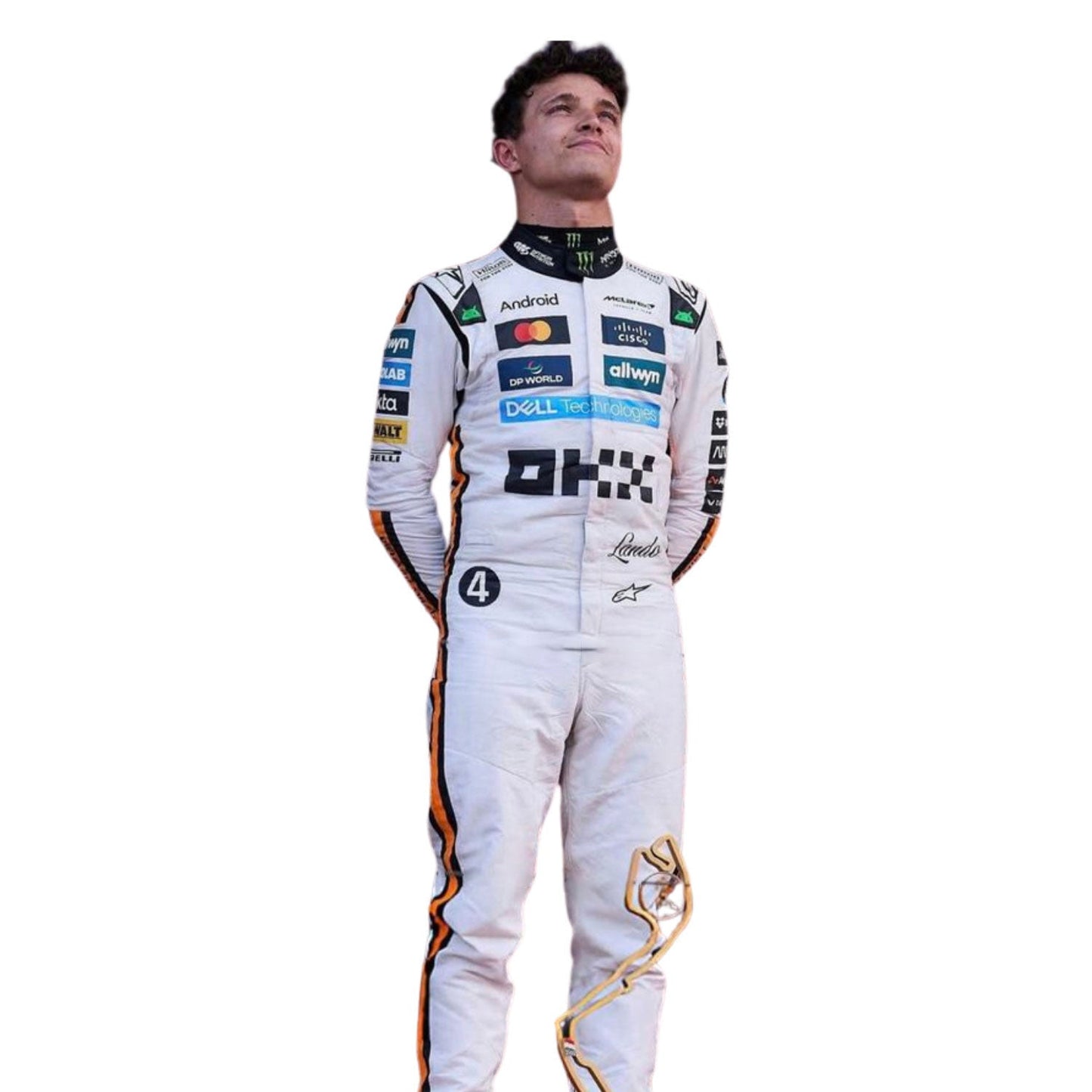 Lando Norris wearing a white 2025 Monaco GP McLaren F1 racing suit with various sponsor logos - Kartx Gear