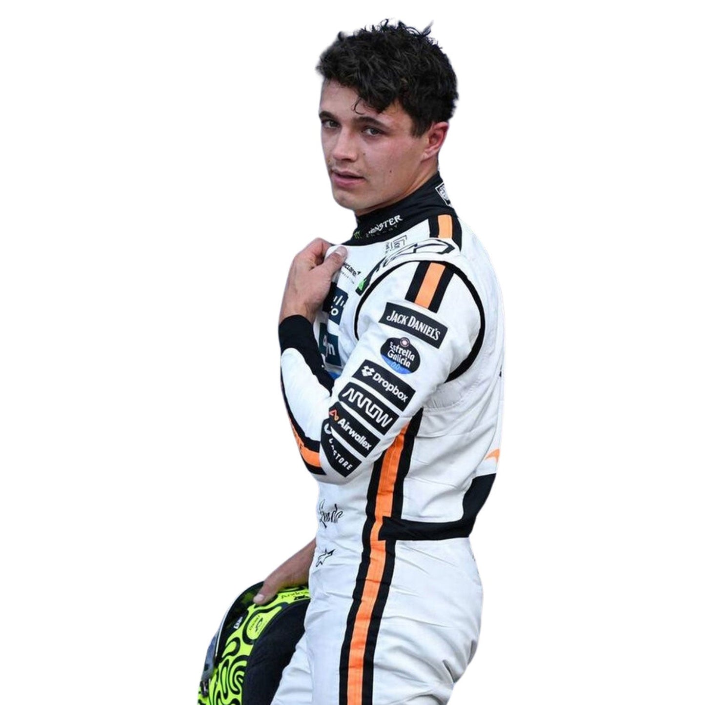 Lando Norris wearing a white 2025 Monaco GP McLaren F1 racing suit with various sponsor logos - Kartx Gear