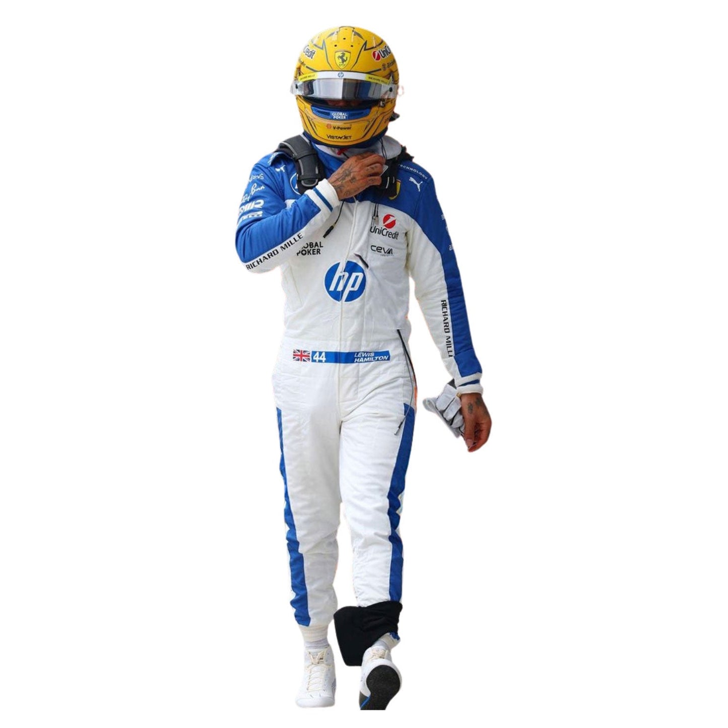 Racing driver Lewis Hamilton in a white and blue Miami GP 2025 Ferrari F1 Race suit with HP logo - Kartx Gear