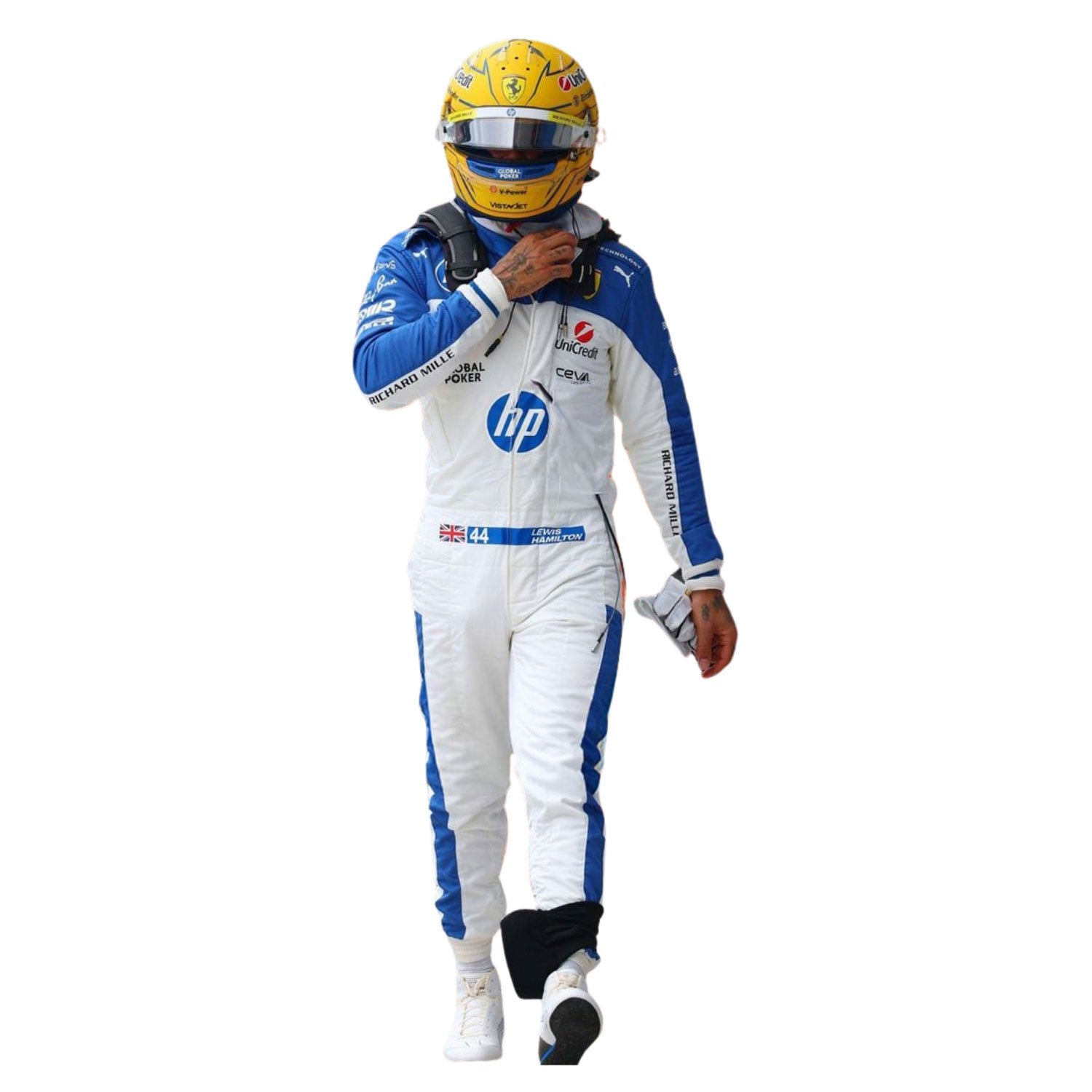 Racing driver Lewis Hamilton in a white and blue Miami GP 2025 Ferrari F1 Race suit with HP logo - Kartx Gear