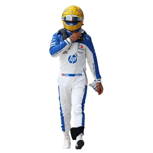 Racing driver Lewis Hamilton in a white and blue Miami GP 2025 Ferrari F1 Race suit with HP logo - Kartx Gear