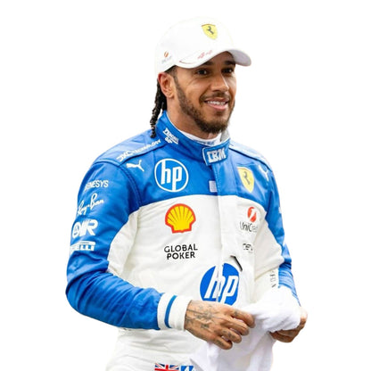Lewis Hamilton wearing a white and blue Ferrari 2025 Miami GP F1 racing suit with various sponsor logos - Kartx Gear