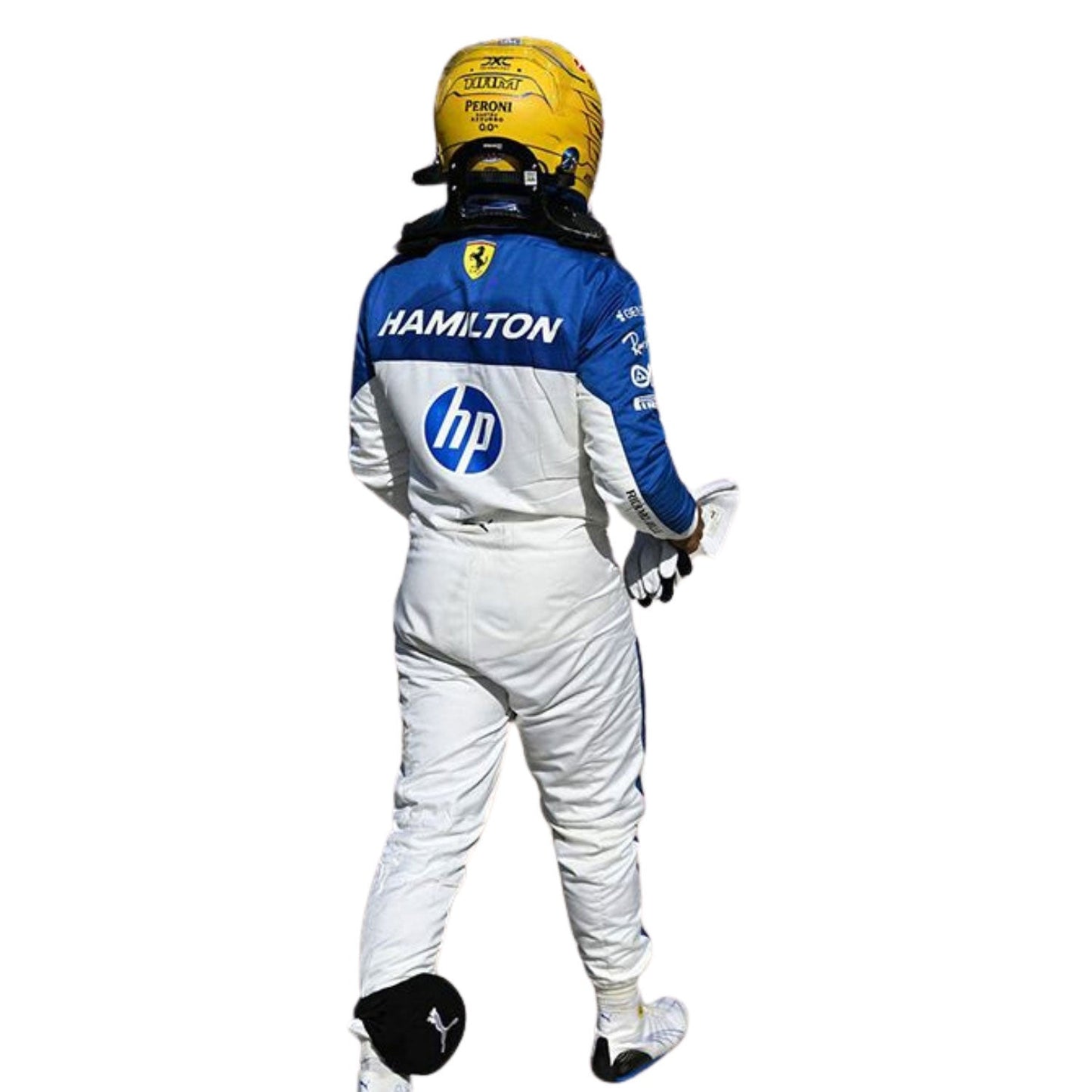 Lewis Hamilton wearing a white and blue Ferrari 2025 Miami GP F1 racing suit with visible branding - Kartx Gear