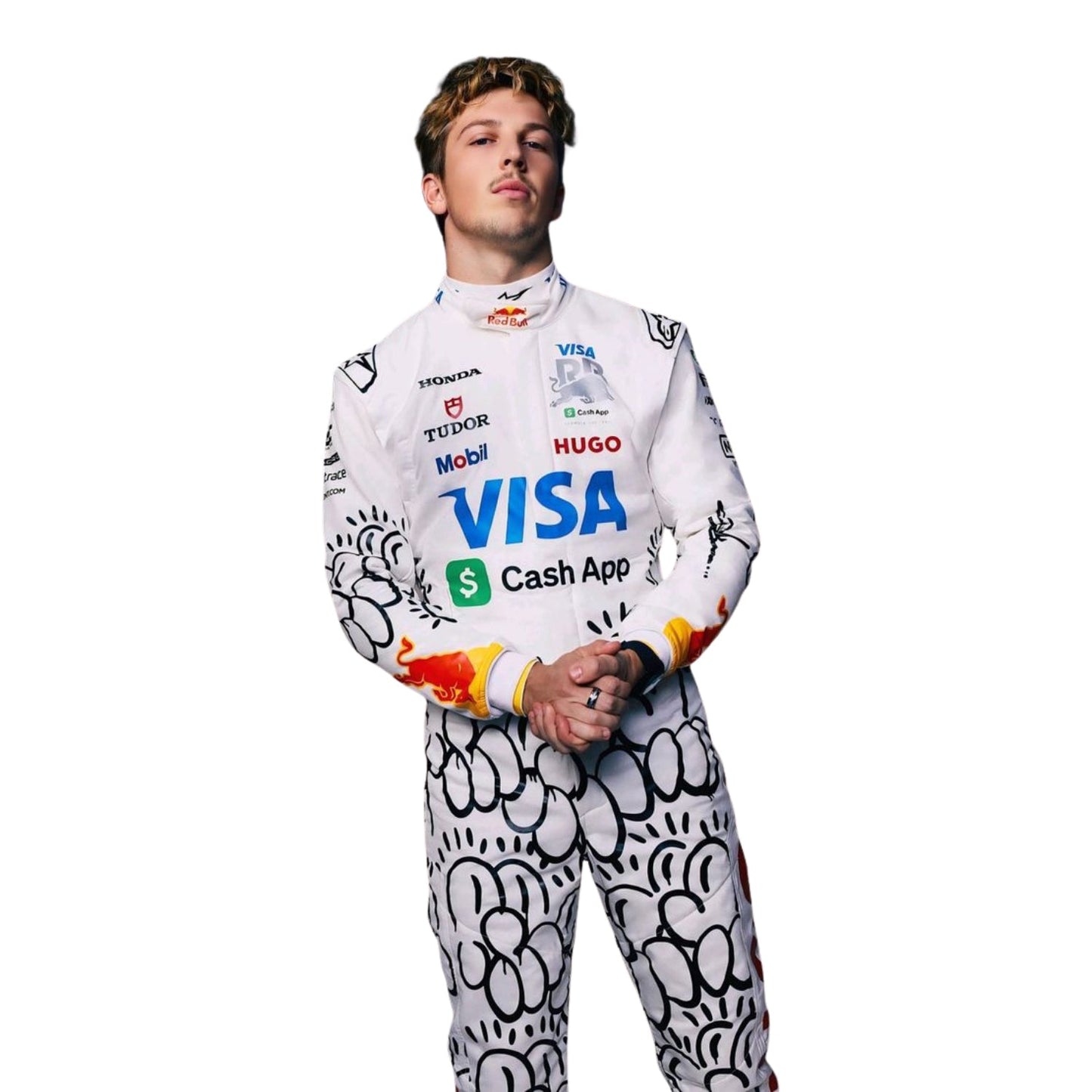Liam Lawson wearing a white 2025 VCARB Las Vegas GP f1 racing suit with various sponsor logos - Kartx Gear