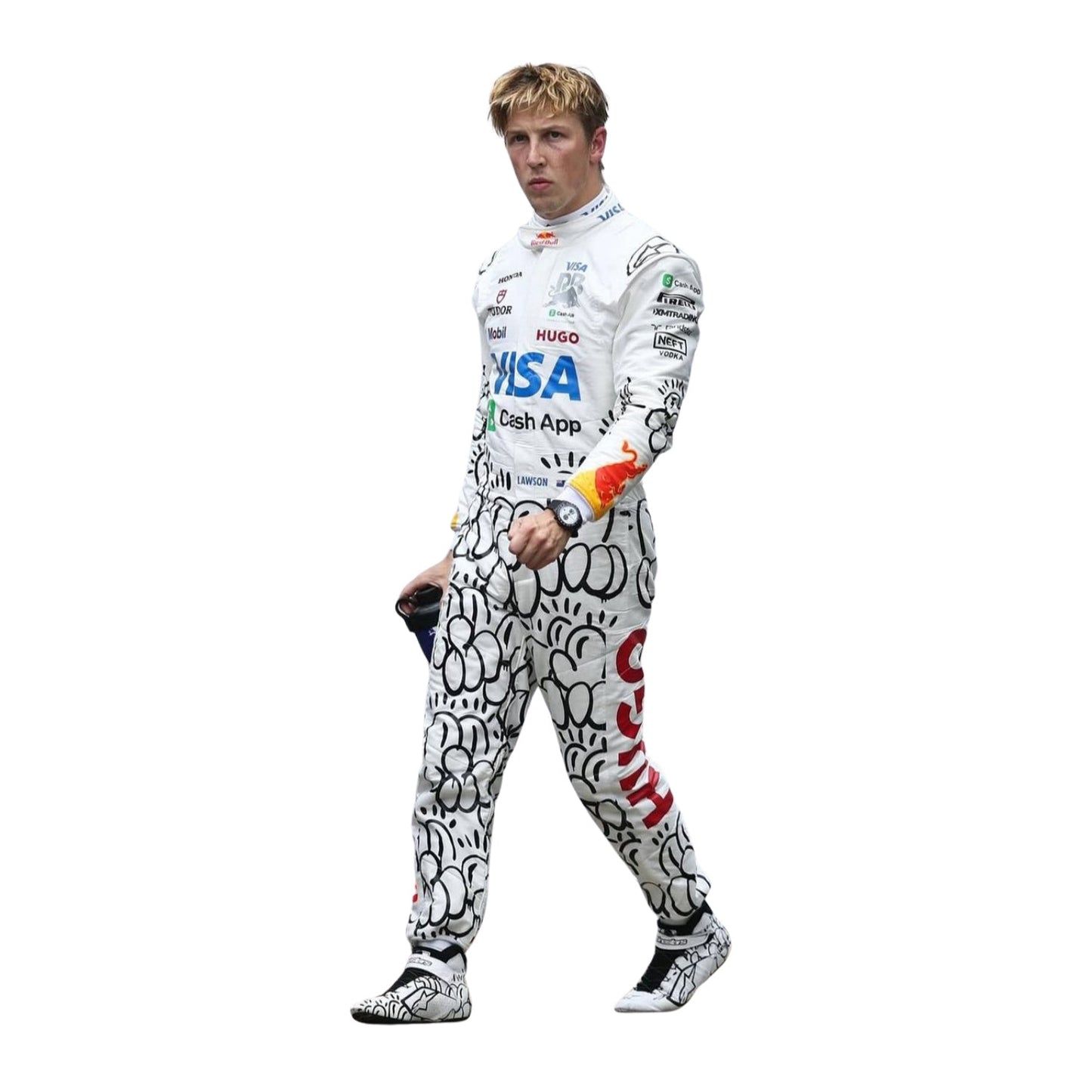 Liam Lawson wearing a white 2025 VCARB Las Vegas GP f1 with various logos - Kartx Gear