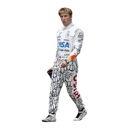 Liam Lawson wearing a white 2025 VCARB Las Vegas GP f1 with various logos - Kartx Gear