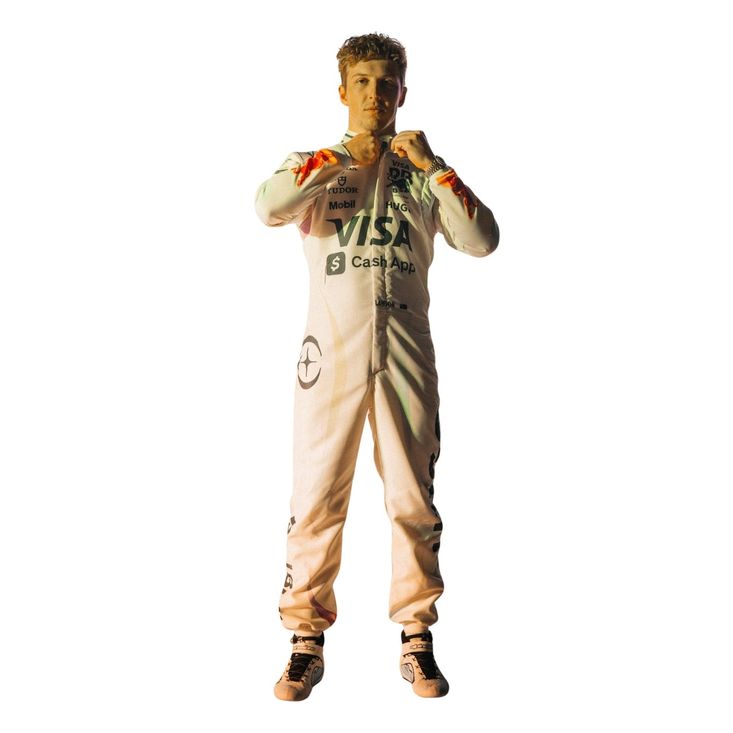 Liam Lawson wearing a 2025 Las Vegas GP VCARB F1 white racing suit with sponsor logos - Kartx Gear