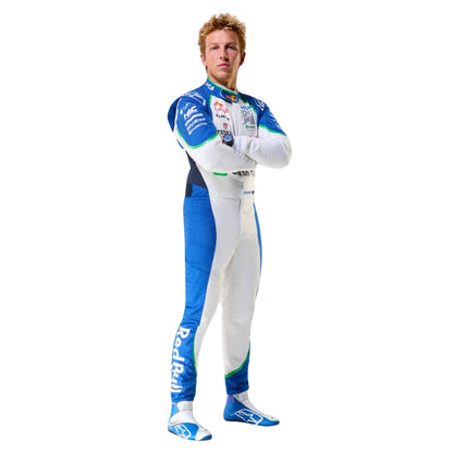 Liam Lawson wearing a VCARB 2025, a blue and white F1 racing suit on a white background